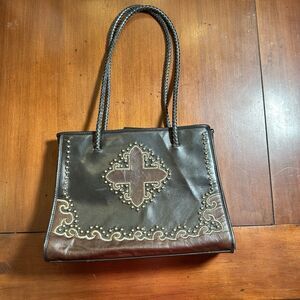 ML Leddy Leather Purse Black And Brown Studded Quality Texas Ft Worth Bag Rare